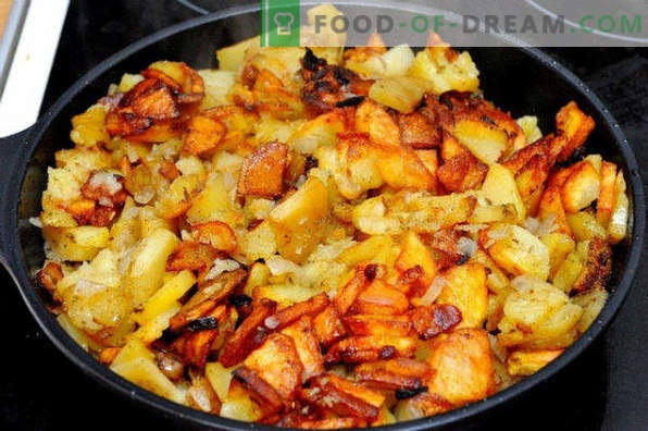 Как да се изпържи картофите в тиган със златна кора, лук, месо, гъби