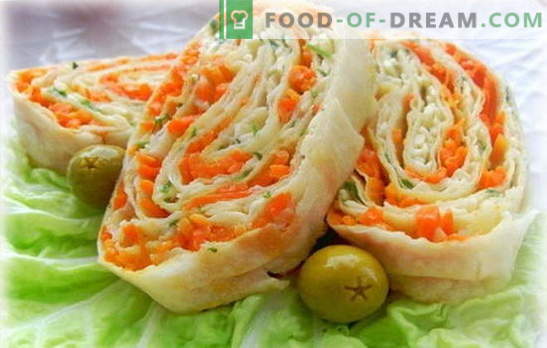 Ролка лаваш с корейски моркови - проста, вкусна, здрава. Варианти на пълнежи за хлебни питки с корейски моркови