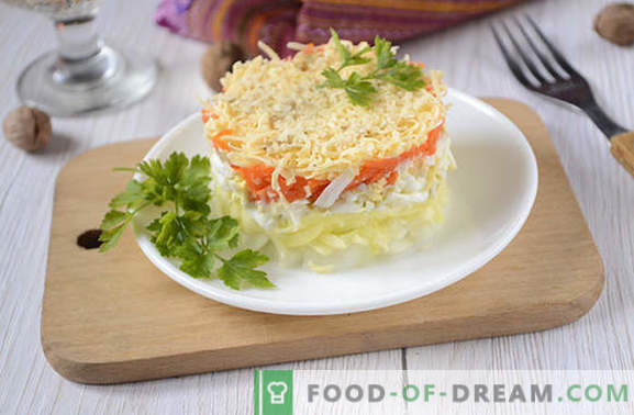 Френска салата с моркови: слоеста, красива и вкусна. Авторска фото-рецепта за приготвяне на салата по френски с моркови, яйца, ябълки и ядки
