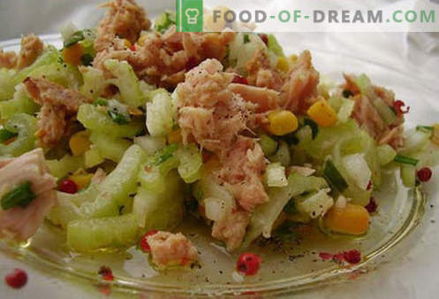 Консервирана салата от риба тон - Доказани рецепти. Как да се готви салата от консерви от риба тон.
